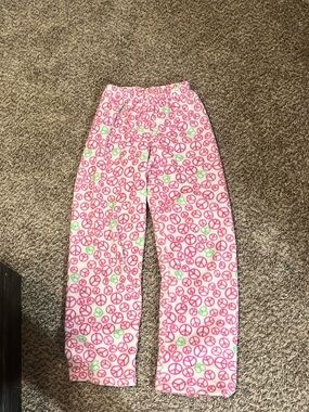 Kim Rogers Pink Peace Sign Fleece Pajama Pants with Green Accents